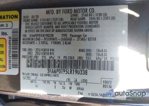 2020 Ford Fusion Se z USA, uszkodzony, nr VIN 3FA6P0T95LR190338